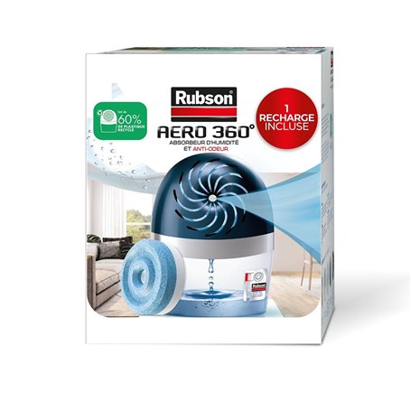 Rubson | Absorbeur d'Humidité Aero 360° pour pièces de 20 m² – Déshumidificateur d'air anti-odeurs & anti-moisissures – 1 rechar