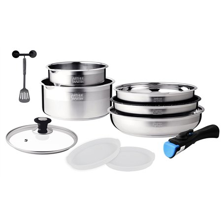 Arthur Martin AM0025 Batterie de cuisine amovible 10 pièces Acier Inoxydable Casserole avec bec verseur Poignée amovible tous fe