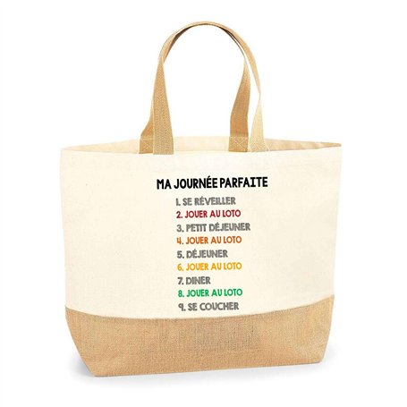 Sac loto Journée Parfaite | Cabas de Plage Courses Coton et Toile de Jute Idée Cadeau