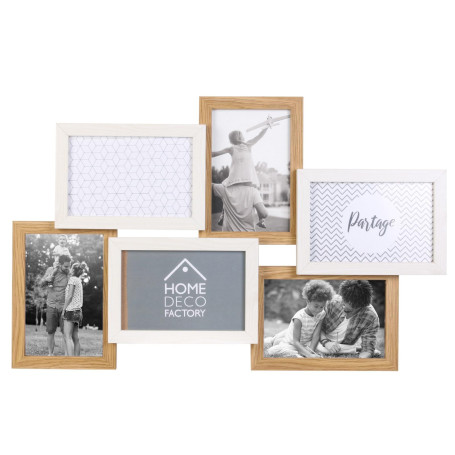 Home Deco Factory HD4209 Cadre-Photos Mural Pêle-mêle 6 Vues 10x15cm Bois et Verre Beige et Blanc H31
