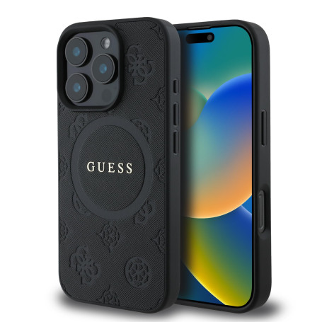 CG MOBILE Guess Magsafe Coque Rigide en polyuréthane Saffiano avec Logo Pivoine Classique pour iPhone 16 Pro Max