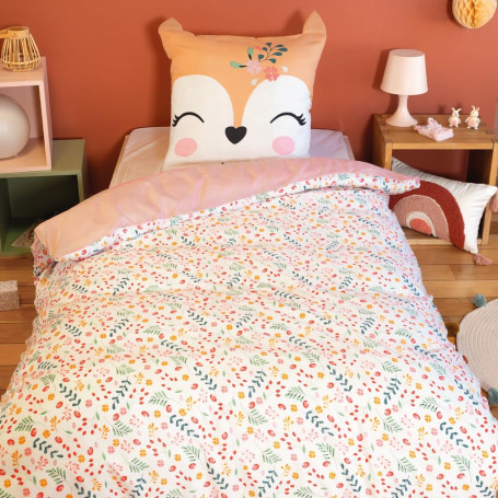 CÔTE DECO Parure de lit 140x200 cm Enfant - Housse de Couette 140x200 cm + 1 Taie d'oreiller 63x63 cm Motif imprimé biche Rose e