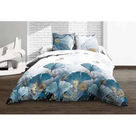 Le linge de Jules Parure Drap Plat + Drap-Housse 140x190 + 2 T - Pur Coton 57 Fils - Ginko Bleu