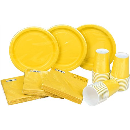 HEKU Kit de fête jetable 120 pièces jaune I Convient pour 30 invités | Avec assiettes en carton
