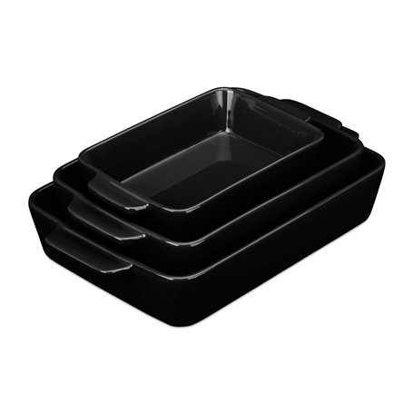 Relaxdays Lot de 3 Plats à Four en céramique; Plat à Lasagne; Plat à Tiramisu; Plat Micro-Onde; Cuisson au Four; Noir