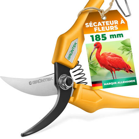 GRÜNTEK Sécateur de Jardin Ciseaux à Fleurs Vigne et Bonsai léger et compact. Lame Franche de 45 mm très affutées. Poignées en f