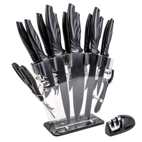 Intirilife Set de 17 couteaux de cuisine avec bloc à couteaux et aiguiseur Éplucheur multifonctionnel Ciseaux et couteaux - Pour