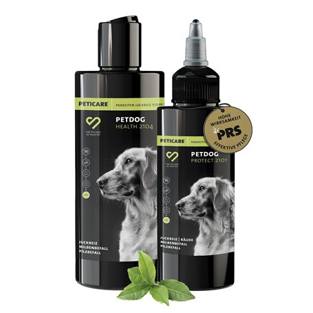 Peticare Set Soin pour Chien Anti-Démangeaisons Anti-Acariens Anti-Puces Anti-Fongiques - Lotion 100 ML & Shampooing 250 ML