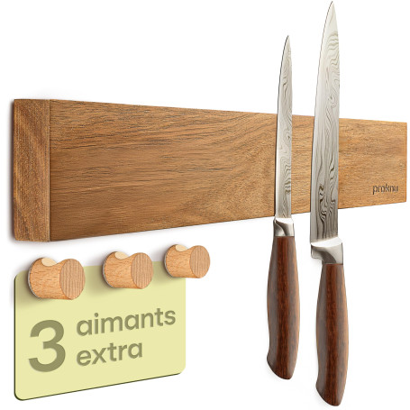 Praknu Porte Couteaux Aimanté Autocollante - 40 cm en Bois d’Acacia – Avec 3 Crochets Magnétiques - Barre Murale pour Jusqu’à 8
