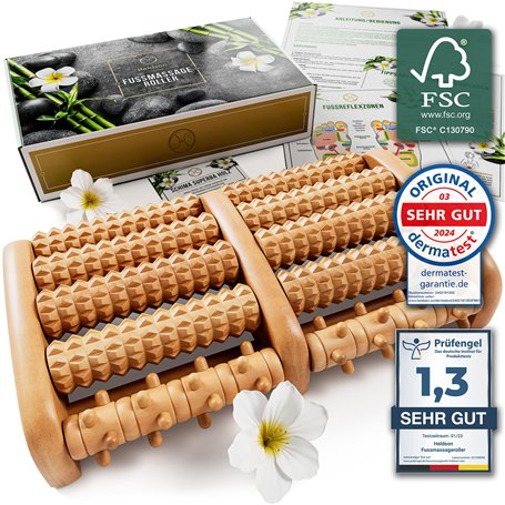 HELDSON® Rouleau de Massage en Bois • Appareil de Massage des Pieds • Drainage Lymphatique & Solution de Relaxation Manuel • Thé