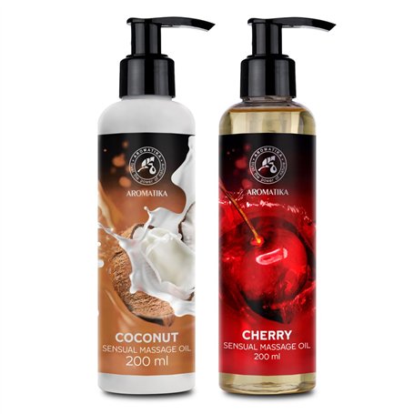 Huile de Massage Sensuelle Set Coco & Cerise 2x200ml - Comestible - Naturelle - Huile de Noix de Coco - Mélange d'Huiles d'Amand