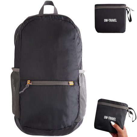 OW-Travel Sac à Dos Pliable Ultra Léger (Noir). Sac a Dos Packable de Jour. Rangement Léger de 20L. Ideal Sacs à Dos de Randonné