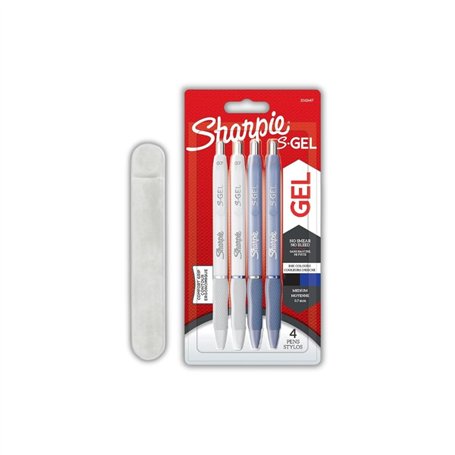 Sharpie S-Gel | Stylos gel | Pointe moyenne | Barils nacrés bleu givré et blanc | Encre noire et bleue | Étui à 4 stylos et en v