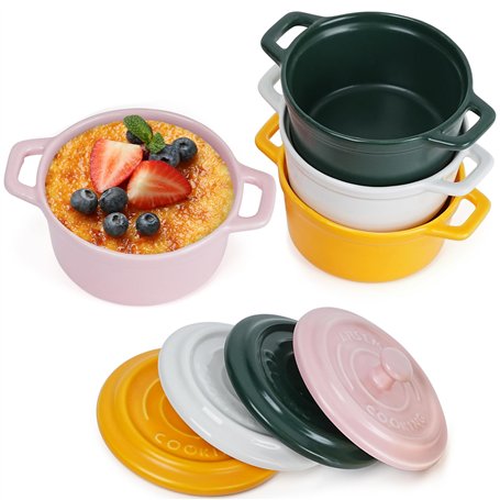 Winter Shore Mini Cocotte Individuelle de 270 ml en Porcelaine avec Couvercles & Poignées [Lot de 4] - Ramequin Four Empilable -