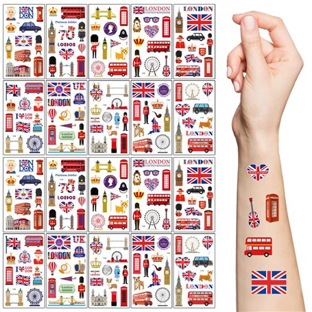 Lot de 20 feuilles de tatouages temporaires Union Jack 2022 pour 70e anniversaire de la reine