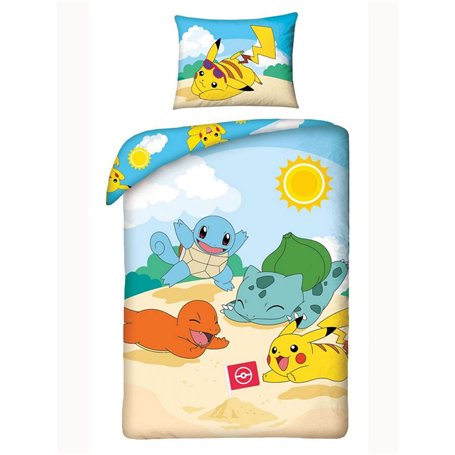 Halantex Parure de lit Pokemon Pikachu pour enfant 2 pièces. Parure de lit 140 x 200 + 70 x 90 cm - Housse de coussin beige bleu