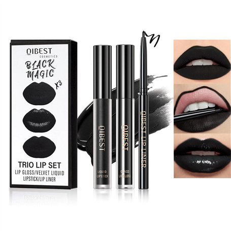 Baorder 3 pièces crayon à lèvres noir mat et rouge à lèvres liquide ensemble