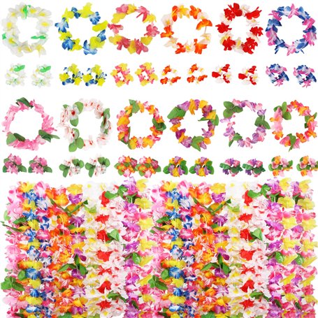 48Pcs Costume Hawaïen Déguisement Couronnes de Fleurs Femme Homme Cosplay Hula Herbe Guirlande Collier Bracelet Elastique Pince