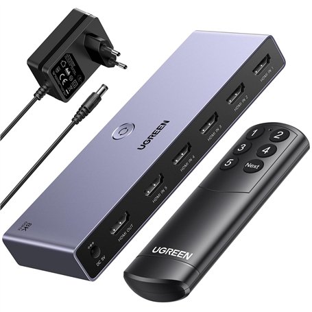 UGREEN Switch HDMI 8K 60Hz 5 Entrées 1 Sortie Commutateur HDMI 3D HDR10 VRR avec Télécommande Compatible avec PS5 PS4 Xbox One 3