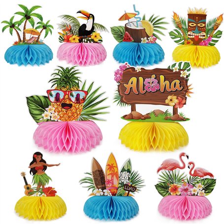 GEBETTER 9Pcs Centre de Table en Nid d’Abeille Décoration Accessoire Hawaïenne Luau pour Fête Tropicale Plage