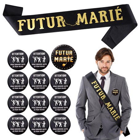 Décoration EVG 1Pc Écharpe 12Pcs Badges Futur Marié Équipe du Marié Accessoire Déguisement Cadeau pour Enterrement de Vie de Gar