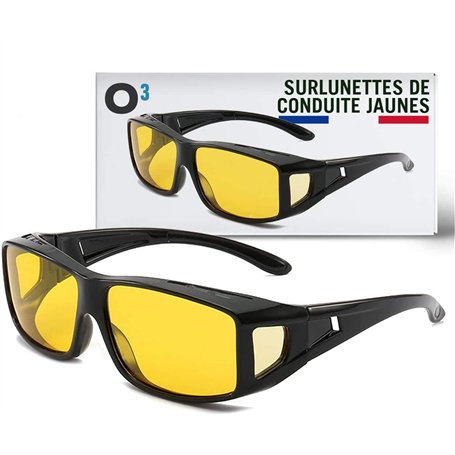 Kolnaix O³ Surlunettes de Conduite Jaunes - Adaptable aux différents types de montures - Conduite de nuit