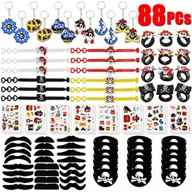 88 PCs Pirates bagues Trousseau Porte-Clés Pirate Bracelets Pirate Eye Patch Moustache Tatouages Cadeau D'anniversaire Sacs Pina