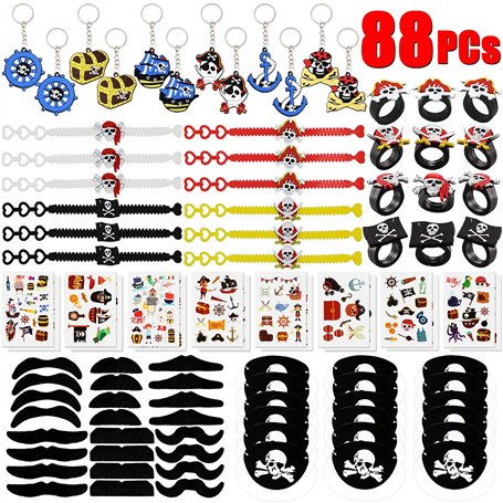88 PCs Pirates bagues Trousseau Porte-Clés Pirate Bracelets Pirate Eye Patch Moustache Tatouages Cadeau D'anniversaire Sacs Pina