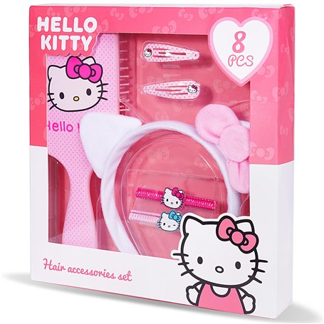 Hello Kitty - Ensemble Accesoires Cheveux - 8 Pièces - Brosse à Cheveux - Serre-tête - Pinces - Elastiques - Coffret Cadeau Acce