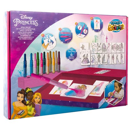 Disney Princess - Spray Pen Set Deluxe (DP22368) - Kit de Stylos Pulvérisateurs pour Colorier et Dessiner - 12 Stylos et 16 Poch