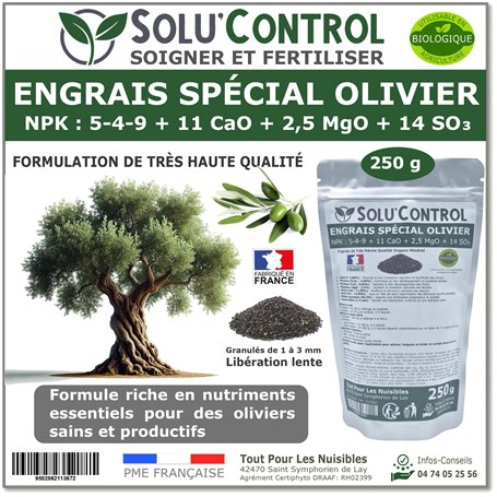 ENGRAIS Spécial OLIVIER 250 g - SoluControl - Formulation haute qualité Organo-Minerale - NPK 5-4-9 - Utilisable en Agriculture