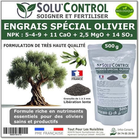 ENGRAIS Spécial OLIVIER 500 g - SoluControl - Formulation haute qualité Organo-Minerale - NPK 5-4-9 - Utilisable en Agriculture