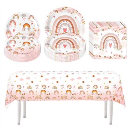 41 Pièces Kit De Vaisselle Anniversaire Fille Arc En Ciel Vaisselle De Fêt Jetable Fille Vaisselle Comprend 10 Assiettes Plates