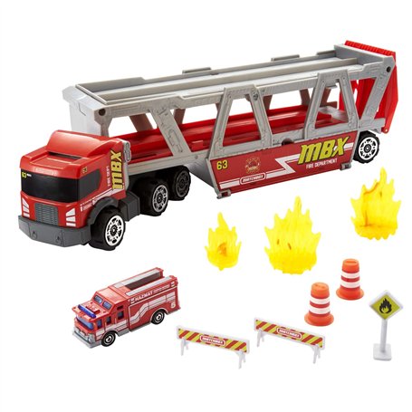 Matchbox - Coffret Transporteur de Véhicules de Secours - 1 Camion de Pompier avec Rampe