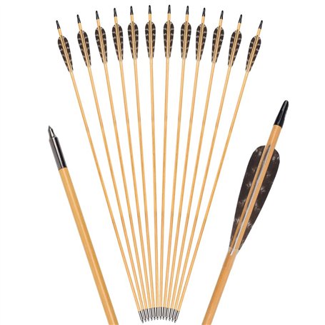 TY Archery Lot de 12 flèches en bois de 32 pouces avec plumes naturelles de 4 pouces pour tir à l'arc flèches en bois de chasse