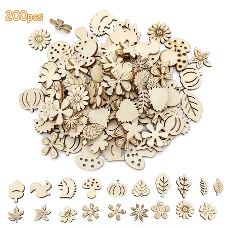 Dylan-EU 200 pièces Tranche en Bois Fleur en Bois Mixte Formes de Feuilles en Bois pour Arbre de Noël Mariage Bricolage Scrapboo