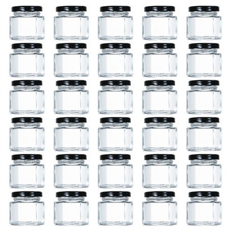 Tebery - Lot de 30 mini bocaux hexagonaux en verre avec couvercles et étiquettes revêtus de plastisol noir (44