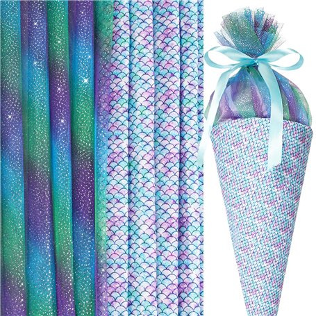 Tissus Couture Motif d’Écaille de Poisson 100x145cm + Tulle Tissu 100x150cm Pour Bricolage Tutu Jupe Sacs Noeud Cadeau