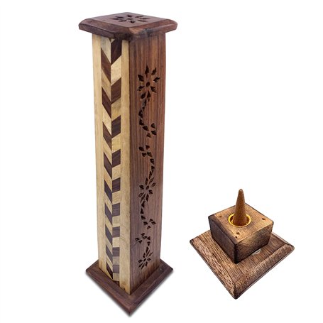 Brûleur d'encens en bois sculpté à la main en Inde Motif losanges 30 x 8 x 8 cm Poids 190 g Porte-encens en bois