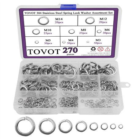 Tovot 304 Lot de 270 rondelles de verrouillage à ressort en acier inoxydable Tailles M3 M4 M5 M6 M7 M8 M10 M12 M14