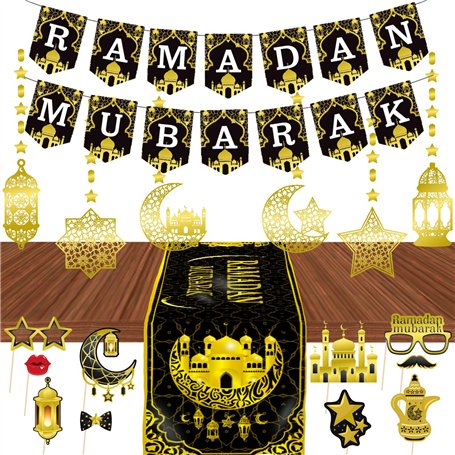 Ensemble de décorations pour Ramadan - Guirlande de Ramadan Mubarak - Bannière de l'Aïd - Chemin de table