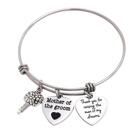 Bracelet réglable avec médaillons comportant les inscriptions « Mother of The Groom » et « Thank You For Raising The Man of My D