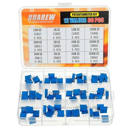 HUAREW 12 valeurs 60 pièces 3296W potentiomètre de tondeuse multitours 100-500 K Ohm bleu 3296 Kit de classification de résistan