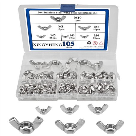 BGTXINGI Lot de 105 écrous papillon en acier inoxydable 304 M3 M4 M5 M6 M8 M10