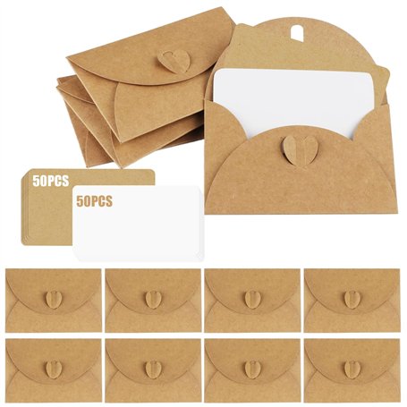 XIAQICA 100Pcs Mini Enveloppe Papier Kraft+100Pcs Carte vierges Papier enveloppe cadeau avec Fermoir Coeur Petites Enveloppes Ca