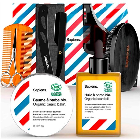 Sapiens Barbershop Kit Barbe Homme - Coffret Soin Barbe et Rasage Homme - Huile Barbe et Baume Barbe BIO Made in France