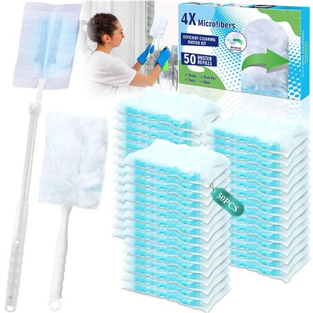 BBLTIFF 50 Pièces Plumeau Poussiere Kit avec 1 Poignée et 1 Perche Télescopique