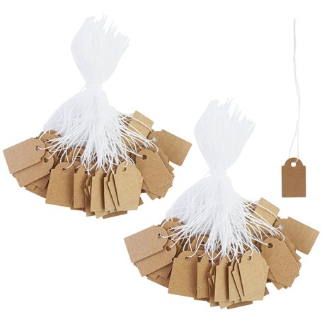 Lot de 200 mini étiquettes de prix avec cordon élastique - 25 x 15 mm - Marron - Petites étiquettes à suspendre - Étiquettes de