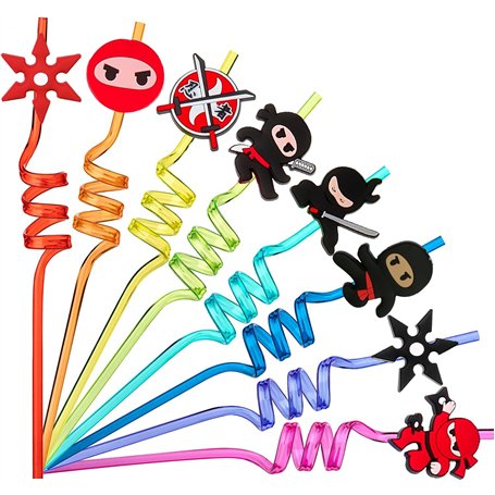 LTHOENG Ninja Lot de 16 pailles réutilisables pour anniversaire d'enfant Motif ninja