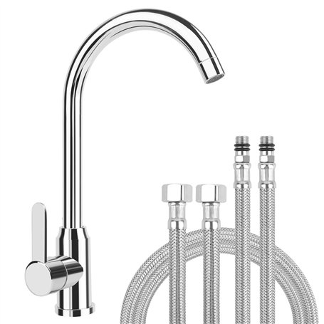 Robinet Cuisine Mitigeur Cuisine robinetterie Evier Argenté Col de Cygne Mitigeur Monocommande Acier Inoxydable Froid Chaud Disp